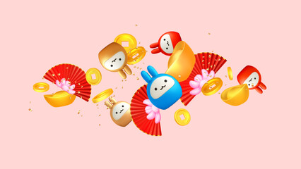 Happy chinese new year 2023 vector template. 3d asian fan, lunar red rabbit, chinese golden ingot and coins. Traditional holiday lunar New Year china design elements. Translation: Happy New Year.