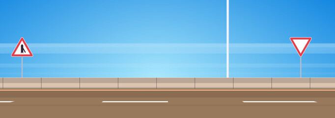 Highway asphalt road and road sign on the road with blue sky flat vector illustration. © PaleStudio