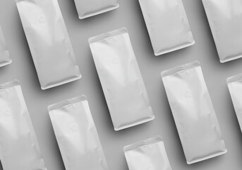 White coffee pouch mockup, diagonal packaging presentation, top view, isolated on background. Set...