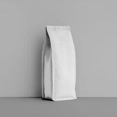 Mockup of a white coffee pouch gusset, blank pack for beans, for design, branding, advertising in a coffee shop.