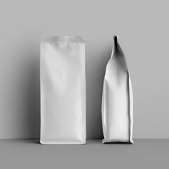 White coffee pouch gusset mockup, side view, front view, blank pack for beans, for design, brand. Set.