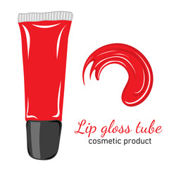 Red lip gloss tube isolated on white. Makeup cosmetic product. Hand drawn vector illustration