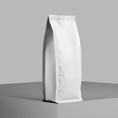 Mockup of a white bag for coffee beans, loose tea, stable pouch gusset stands on a cube, isolated...