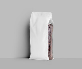 Mockup of white gusset packaging for coffee beans, transparent coffee pouch for presentation, design, pattern, branding.
