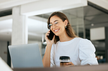 Coffee, laptop or business woman on phone call for communication, contact us or networking in office. Smile, happy or employee with success business planning, telemarketing or schedule on technology