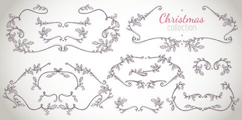 Christmas luxury frames and borders set. Black and white. Xmas holly branches laurels. Holiday elements