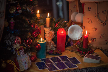 Rite on Christmas, wicca or pagan energy magic. Christmas eve prediction. Attracting love, money and luck into your life. Candle magic  