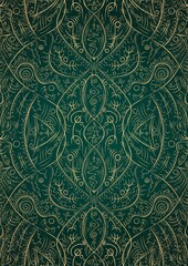 Hand-drawn abstract gold ornament on a dark green cold background, with vignette of darker background color and splatters of golden glitter. Paper texture. Digital artwork, A4. (pattern: p08-2d)