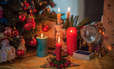 Rite on Christmas, wicca or pagan energy magic. Christmas eve prediction. Attracting love, money and luck into your life. Candle magic  