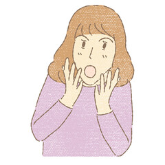 Woman with a surprised, excited, shocked, amazed, astonished face and wide open mouth. Hand drawn flat cartoon character vector illustration in colored pencil texture.