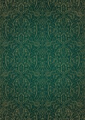 Hand-drawn abstract gold ornament on a dark green cold background, with vignette of darker background color and splatters of golden glitter. Paper texture. Digital artwork, A4. (pattern: p08-2e)