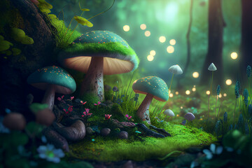 Magical green fairytale forest with mushrooms as dreamy background illustration. Digital illustration, 3D render - obrazy, fototapety, plakaty