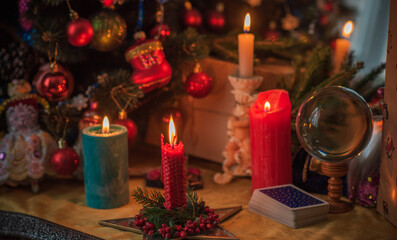 Rite on Christmas, wicca or pagan energy magic. Christmas eve prediction. Attracting love, money and luck into your life. Candle magic  