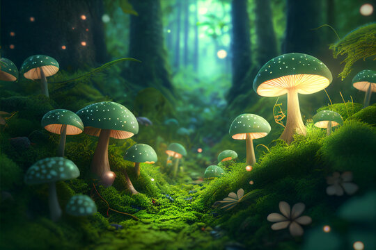 Magical green fairytale forest with mushrooms as dreamy background illustration. Digital illustration, 3D render
