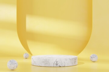White marble stone podium on yellow abstract background.