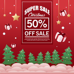 Banner Super Sale for Christmas Event with Pine Tree Cloud and Gift Box Illustration
