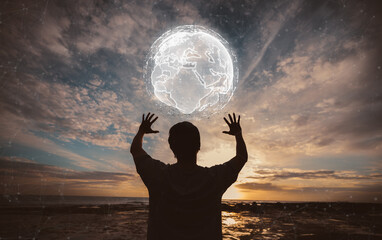 global network connections, innovative technology in science and communication concept, Earth in human hands. earth day. energy saving.