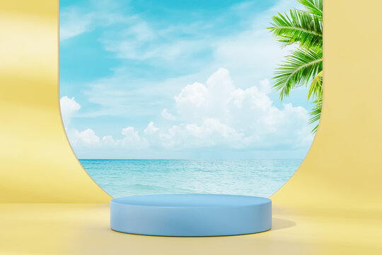 3d podium with copy space for product display presentation. Tropical summer and vacation concept.