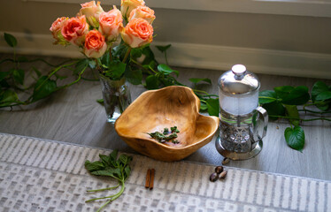 Roses and herbs in preparation for an floral wash