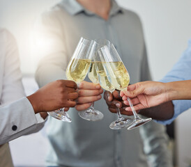 Business people hands, wine glass and cheers celebration at office party. Closeup group of workers toast to celebrate for champagne, drink and alcohol at social gathering, success and congratulations