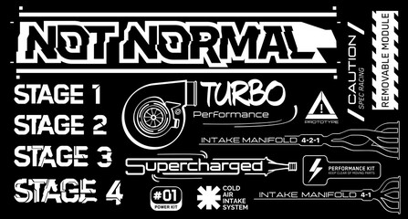 Cyberpunk decals set of vector stickers and labels in futuristic style. Inscriptions and symbols, not normal, turbo perfomance, supercharged, intake manifold 4-2-1 vs 4-1, spec racing, caution, stage. - obrazy, fototapety, plakaty