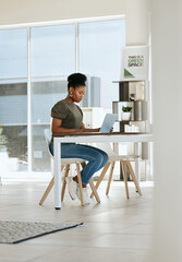 Black woman, laptop and working in home office for startup business entrepreneur, work from home expert or remote research manager. African girl, typing email or seo employee on computer at home