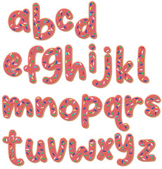 Pink sugar cookies with sprinkles ~ lowercase alphabet letters pack of pink sugar cookies with sprinkles on a transparent isolated background for Christmas holiday season