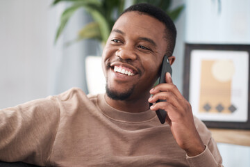 Black man, phone call and relax in home, house and living room, mobile communication and contact...