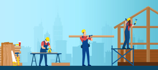 Vector of carpenters at work, building a wood frame house structure