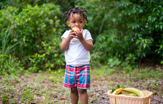 Toddler eating fruit at park