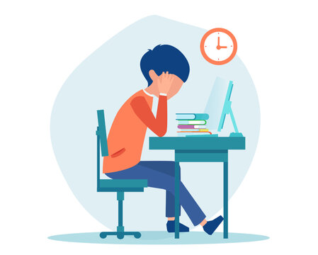 Vector of a student sitting at desk with head in hands feeling burnout, isolated on white background