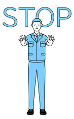 ストップの合図、体の前に手を突き出す作業着を着た男性のシンプルな線画