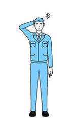 困って頭をかく作業着を着た男性のシンプルな線画