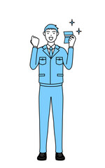 預金通帳を見て喜ぶ作業着を着た男性のシンプルな線画