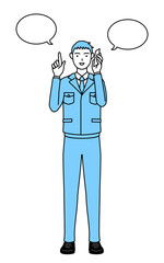 Fototapeta na wymiar 電話をしながら指さしをする作業着を着た男性のシンプルな線画