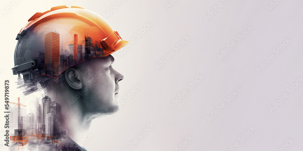 Poster future building construction engineering project devotion with double exposure graphic design. build