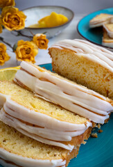 Lemon cake on plate. Delicious homemade dessert. 