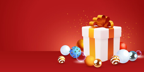 Present box with christmas toys. Holiday shopping concept. Vector illustration