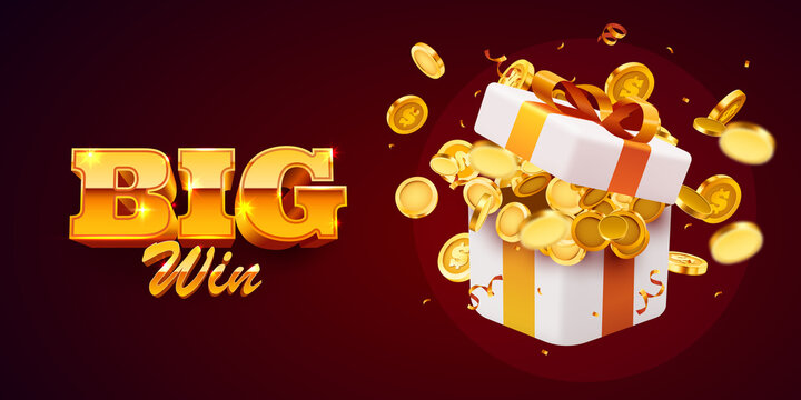 Open gift box with coin explosion. Big win concept.