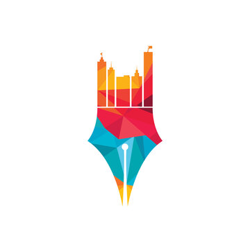 Creative concept with pen and city skyline logo design isolated on transparent background.