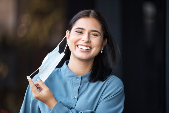 Covid, Freedom And Finished With A Woman Mask Removal With A Smile Outdoor In The Fresh Air. Health, Safety And Portrait With A Female Excited To Stop Or Complete Corona Virus Epidemic Regulations