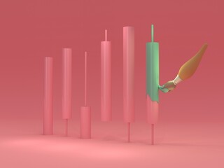 3D painted green on red candlestick chart, downtrend, pastel background. investment trading 3d trading 3d finance Bearish index forex, Bearish index bitcoin, crypto