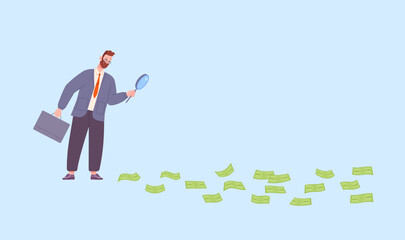 Businessman looking money at magnifier. Dollars tracking, businessperson searching hidden financial way inspect track bank investment cost tax magnifying salary vector illustration