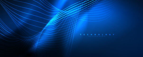 Techno neon wave lines, dynamic electric motion, speed concept. Templates for wallpaper, banner, background, landing page, wall art, invitation, prints