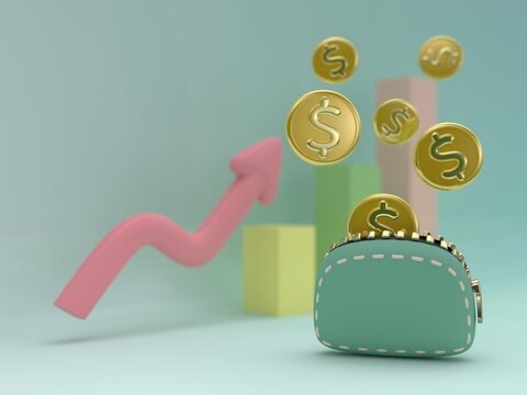 Coins into green wallet, on pastel colors, 3d render illustration for investment, accounting, finance, wallet