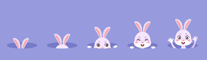 Rabbits in holes. Rabbit with ears hiding in burrow animation, easter hare or kawaii cartoon bunny seek to hole, cute pretty hide animal pet character concept vector illustration