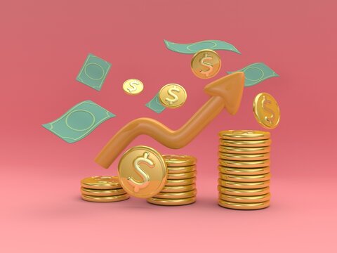 Concept 3D render money coin stacks, bank note and orange arrow up on pink pastel background. For finance, investment, money earning growth.