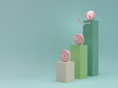 3D Rendering Dartboard and Arrows on Bar Chart Pastel Color Background, Managing Financial and Investment Goals. From Easy to Difficult.