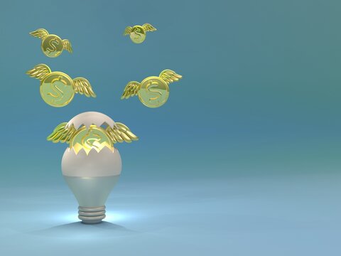 Coin coming out of eggshell colored light bulb on a pastel background Thoughts lead to great rewards. 3D illustration.