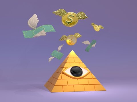 3d gold coins and cash with flying wings On top of a pyramid with eyes It's a place where a lot of money is.